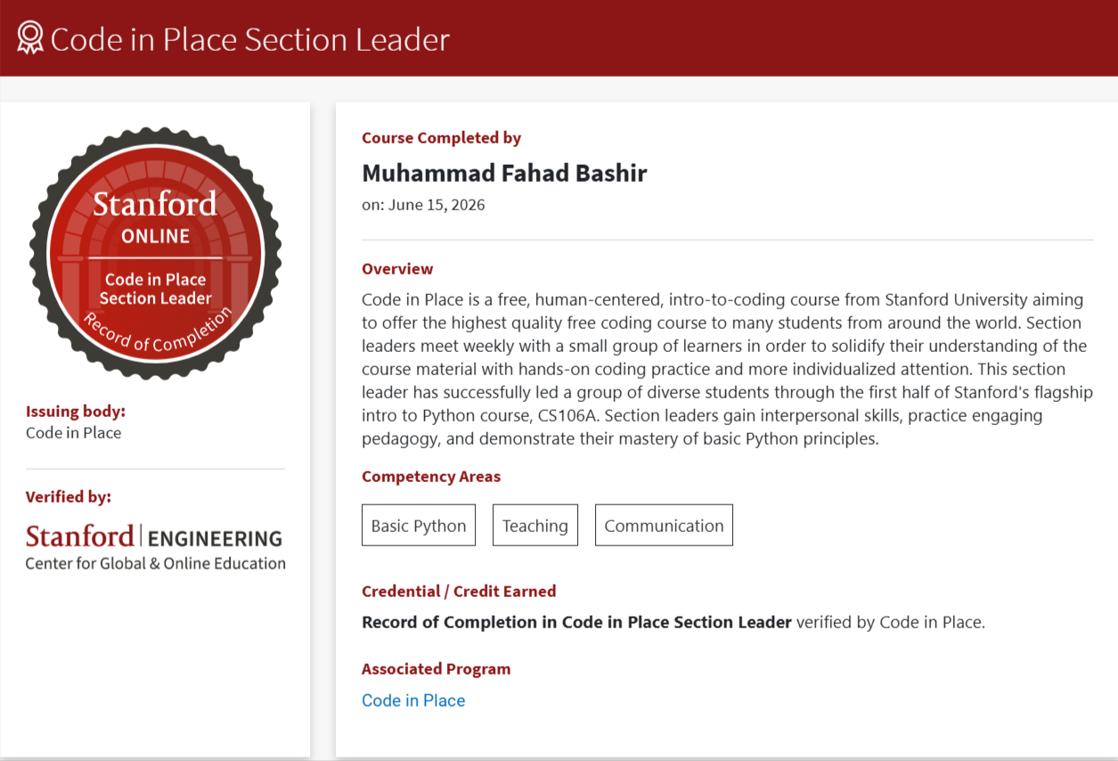 Stanford Code in Place Mentor Certificate